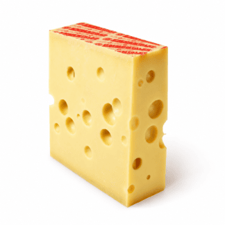 Emmentaler Swiss cheese block with characteristic holes and red rind markings on a white background.