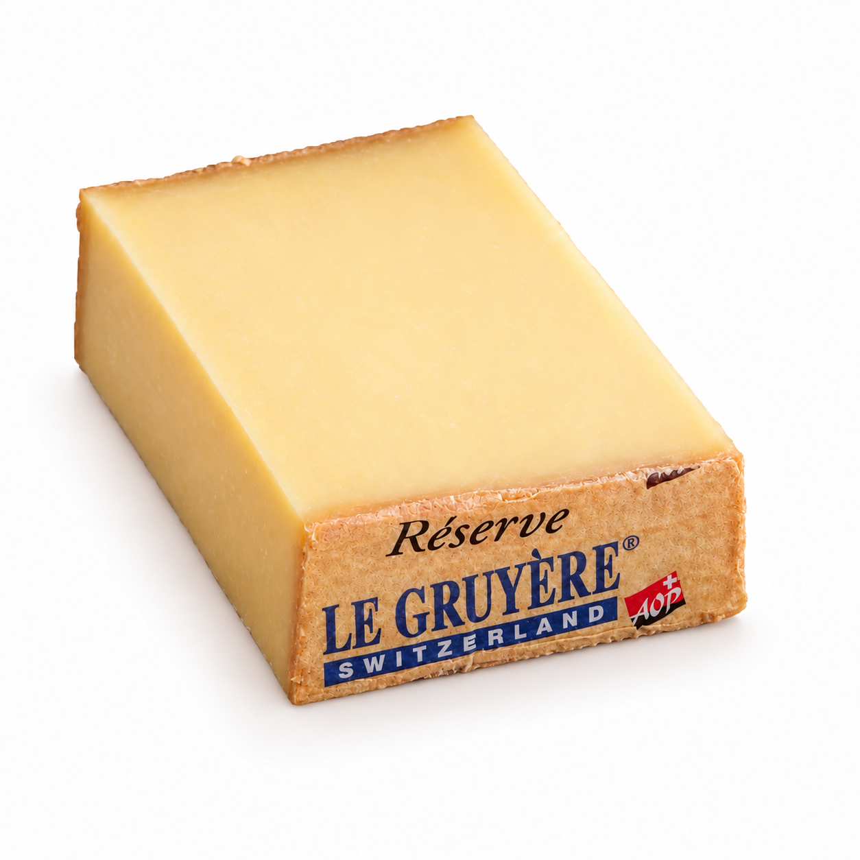 Le Gruyère Réserve AOP Swiss cheese wedge with a pale golden interior and branded rind on a white background.