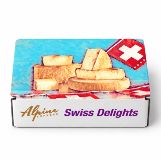 Alpine Express Swiss Delights gift box with illustrated Swiss cheeses and a Swiss flag on a white background.