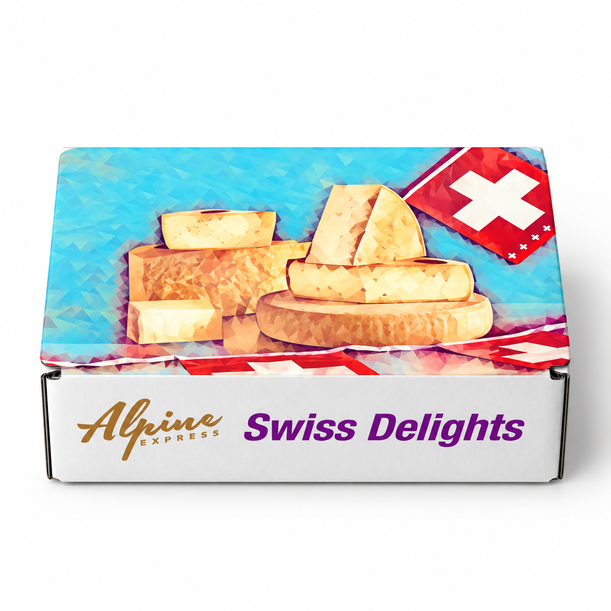 Alpine Express Swiss Delights gift box with illustrated Swiss cheeses and a Swiss flag on a white background.