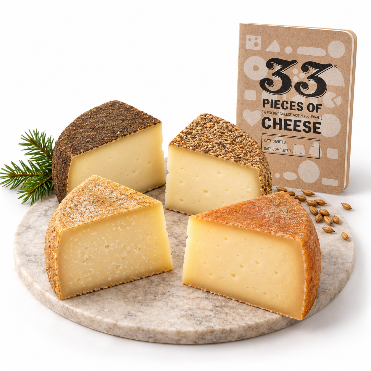 Four Peaks Discovery Flight featuring four artisan Swiss cheeses and an Alpine Express cheese tasting journal.